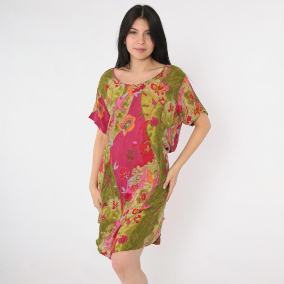Vintage Grunge Floral Dress Mini Dress 90s Olive Green Fuchsia Shift Dress 1990s Short Sleeve Minidress Tie Back Retro Extra Large xl