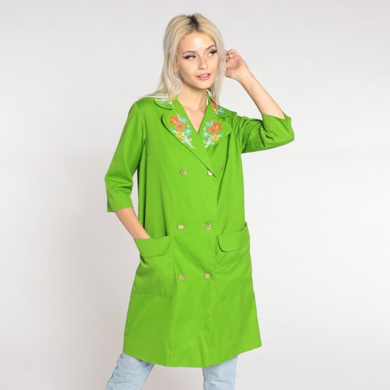Lime Green Trench Coat 60s 70s Floral Embroidered Jacket Double Breasted Long Button Up 3/4 Sleeve Flower Light Jacket Vintage 1960s Small S