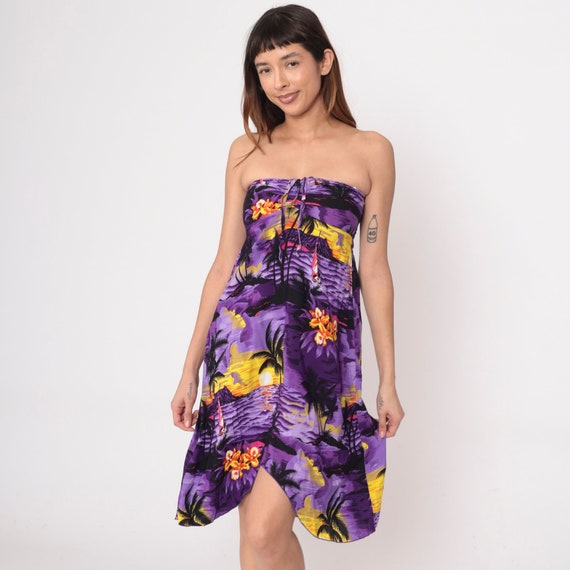 Strapless Sun Dress Purple Palm Tree Sailboat Sundress 00s Tropical Floral Summer Midi Vintage High Low Hem 2000s Extra Small xs 2xs