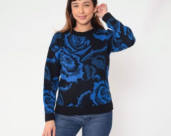 80s Floral Sweater Blue Black Abstract Rose Pattern Knit Crew Neck Long Sleeve Ribbed Hem Pullover Winter Layering Gothic Grunge Medium M