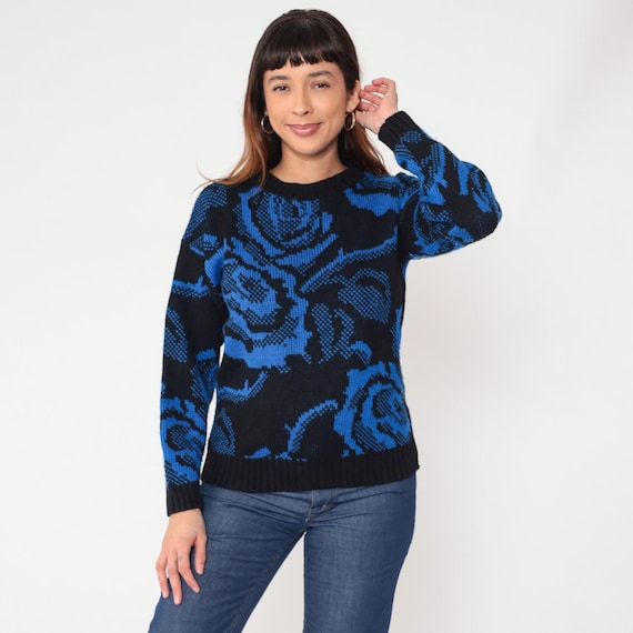 80s Floral Sweater Blue Black Abstract Rose Pattern Knit Crew Neck Long Sleeve Ribbed Hem Pullover Winter Layering Gothic Grunge Medium M