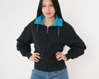 Vintage Black Hooded Windbreaker Jacket 80s Pacific Trail Zip Up Jacket Hidden Hoodie Coat 1980s Retro Blue Collar Extra Small xs