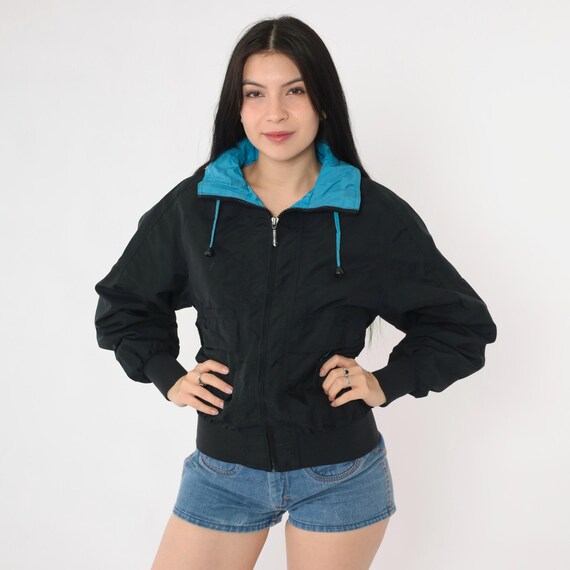 Vintage Black Hooded Windbreaker Jacket 80s Pacific Trail Zip Up Jacket Hidden Hoodie Coat 1980s Retro Blue Collar Extra Small xs