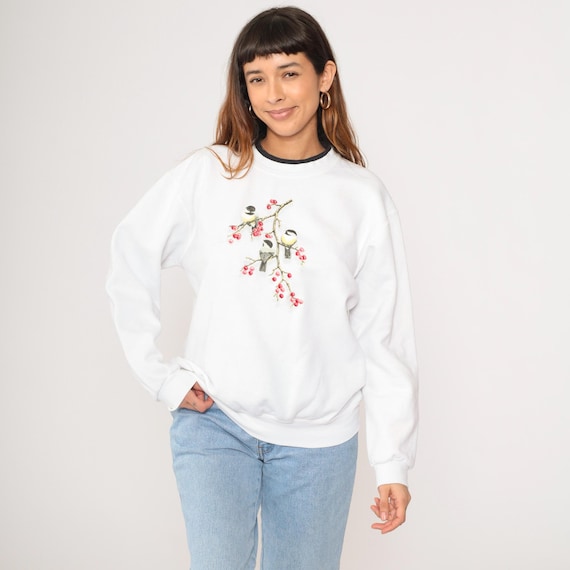 Vintage Chickadee Bird Sweatshirt 90s White Winter Graphic Grandma Sweater Double Collar 1990s Top Stitch Morning Sun Large L