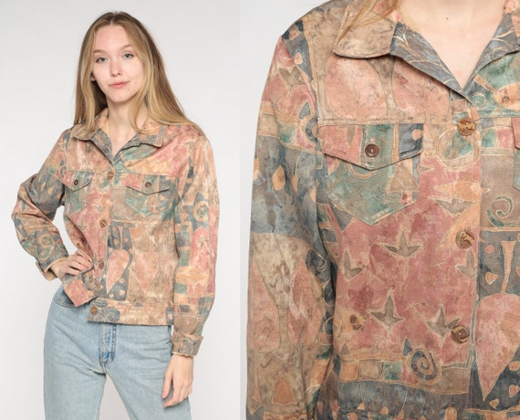 90s Abstract Jacket 90s Muted Fish Geometric Jacket 1990s Bohemian Hippie Jacket Cropped Floral Tree Patterned Button Up Vintage Large L