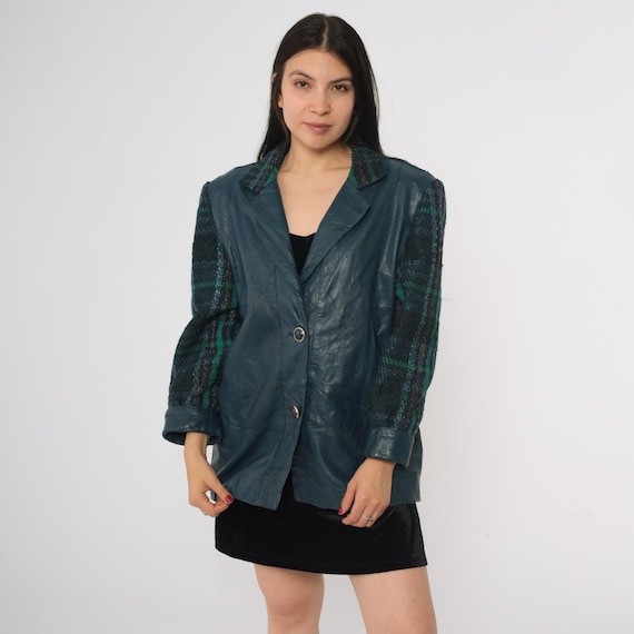 Plaid Wool Jacket 80s Blue Vinyl Sleeves Long Blazer Coat Green Tartan Pattern Mixed Material Structured Shoulders Button Front Medium