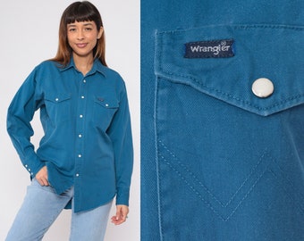 Wrangler Western Shirt 90s Blue Pearl Snap Shirt Rodeo Cowboy Button up Plain Basic Collared Westernwear Long Sleeve Vintage 1990s Large L