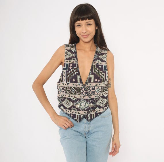 90s Southwestern Vest Roughrider Aztec Tapestry Waistcoat Purple Cream Woven Geometric Cotton Western Native Print Cropped Top Medium M