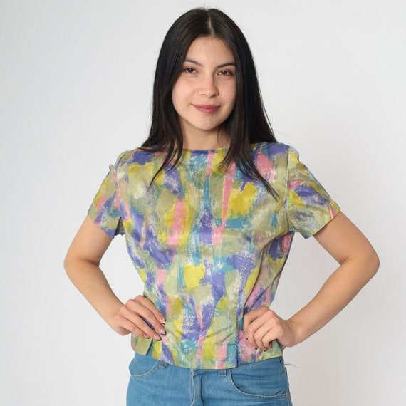 60s Blouse Abstract Brushstroke Shirt Judy Bond Button Back Shirt Vintage 1960s Multicolor Top Sixties Short Sleeve Vibrant Small