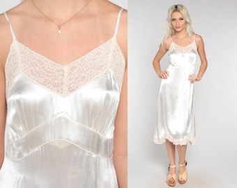 TROUSSEAU vintage 1940s nightgown slip dress, Silky White full length lingerie dress