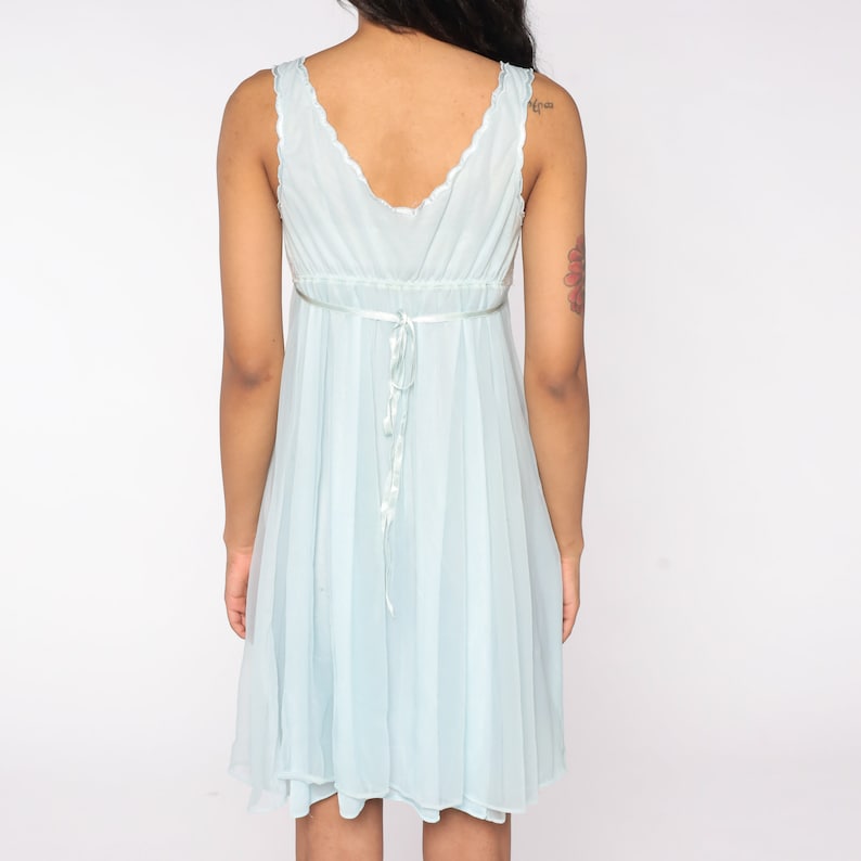 Lace Slip Dress 60s 70s Nightgown Lingerie Blue Mini Nightie Empire Waist Boho Vintage 1960s Pastel Sleeveless 1970s Intimates Medium M 36 image 7