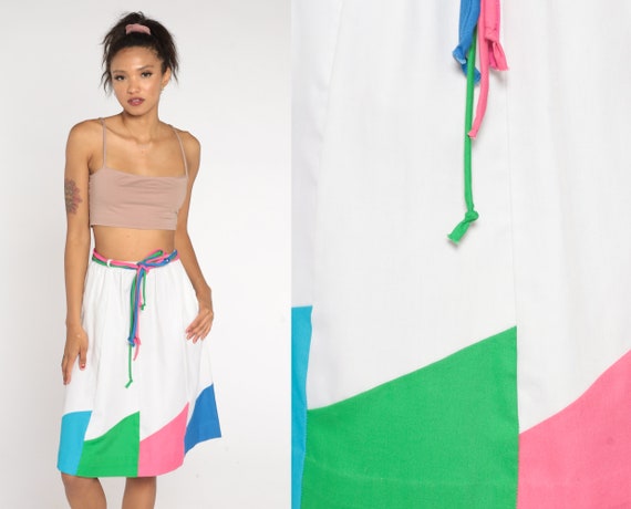 80s Color Block Skirt White Pink Blue Belted Colorful Skirt 1980s Vintage High Waist A-Line Knee Length Pocket Extra Small xs