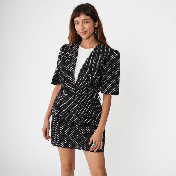 Black Polka Dot Dress Lace Puff Sleeve Dress 80s Mini Dress Peplum Dress High Waisted White Secretary White Vintage 1980s Minidress Medium