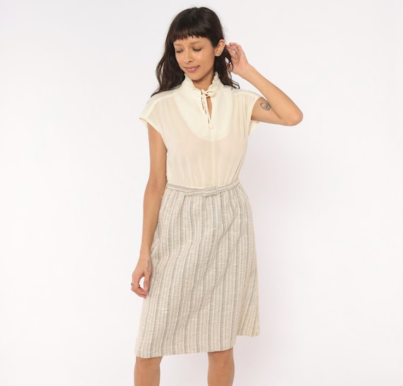 80s Sheer Ruffle Dress Collar Tie Neck Cream Cap Sleeve Top Tweed Striped Tan Feminine Coquette Light Academia Secretary Nerdy Medium M