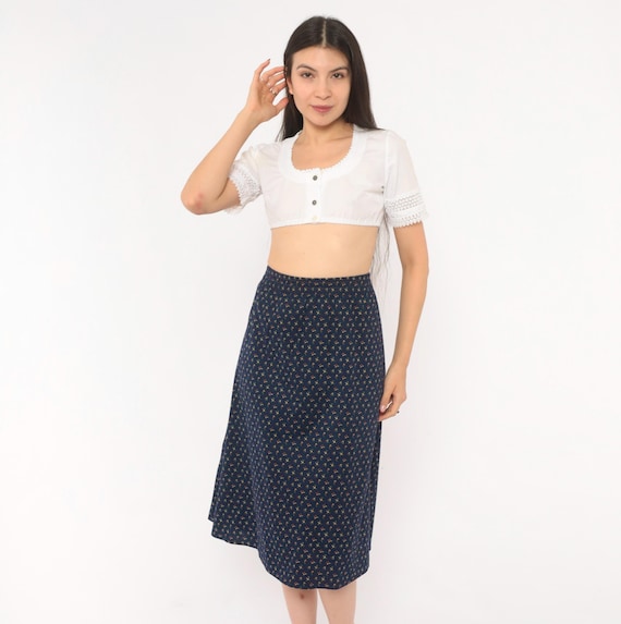 70s Ditsy Floral Skirt Navy Blue Cotton A Line Small Print Yellow Red Calico Dainty Prairie Cottagecore Hippie Bohemian Midi Vintage Large L