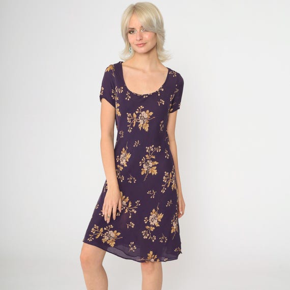 90s Floral Dress Purple Silk Dress Calvin Klein Bohemian Grunge Dress Boho Midi Nostalgia 1990s Vintage Sheath Short Sleeve Scoop Neck Small