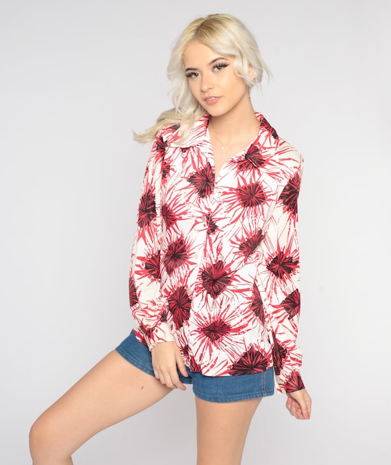 Psychedelic Shirt 70s Disco Shirt Boho Pointed Collar Blouse Button Up Groovy Abstract Floral Top Long Sleeve White Red Vintage 1970s Medium