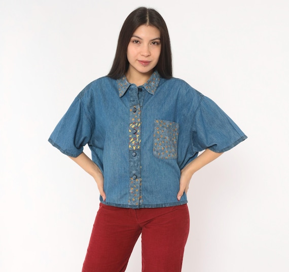90s Denim Shirt Patchwork Print Button Front Cotton Collar Short Sleeve Blue Chambray Abstract Doodles Top St Jeanne Vintage Extra Large XL