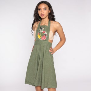 70s Apron Dress Green Patchwork Apple Print Halter Sun Dress Quilt Sundress Boho Vintage Retro High Waist Hippie 1970s Kawaii Extra Small XS