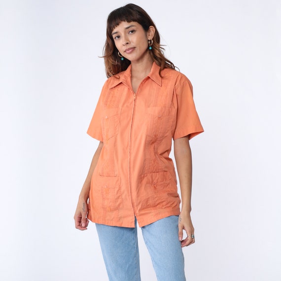 Orange Guayabera Shirt 90s Embroidered Cuban Zip Up Shirt Vintage Collared Shirt Cotton Blend 1990s Retro Short Sleeve Men's Medium Large