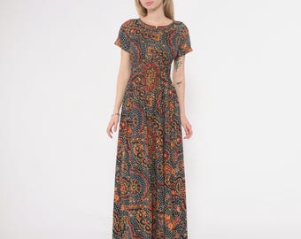 70s Psychedelic Maxi Dress Paisley Floral Pattern Navy Orange Red Yellow Short Sleeve Vintage Boho Colorful Summer Prairie Dots Small S