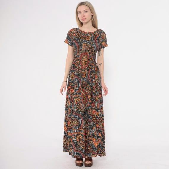 70s Psychedelic Maxi Dress Paisley Floral Pattern Navy Orange Red Yellow Short Sleeve Vintage Boho Colorful Summer Prairie Dots Small S