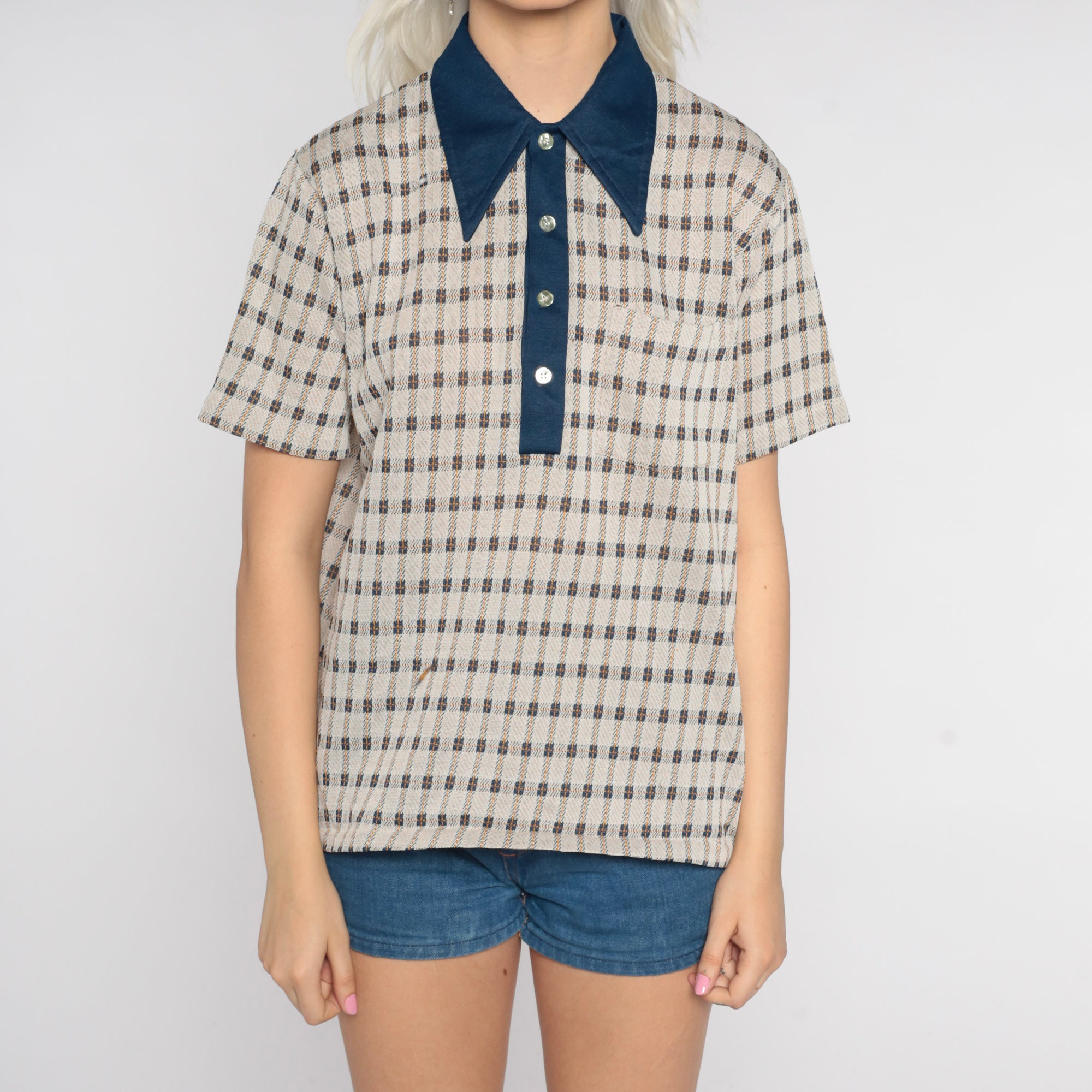 Checkered Polo Shirt 70s Collared Shirt Retro Half Button Up Shirt ...