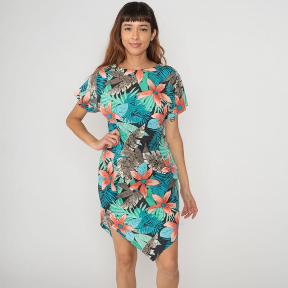 80s Tropical Dress Asymmetrical Short Sleeve Coral Teal Green Palm Leaf Floral Cotton Summer Vacation Beach Resort Hawaiian Style Small S
