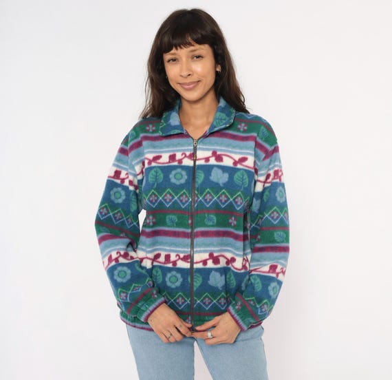 90s Floral Fleece Jacket Leaf Print Zip Up Teal Blue Burgundy Green Striped Folk Pattern Warm Layering Top Hiking Camping Women Medium M
