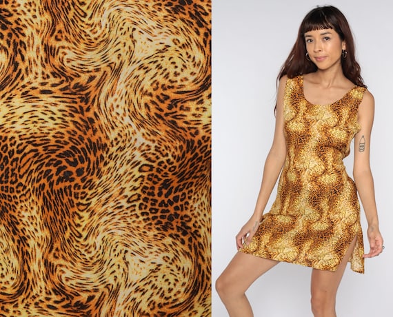 Leopard Print Dress Y2k Animal Print Mini Dress Shift Vintage Tank Dress 00s Sleeveless Party Cheetah Spot Retro One Size Small Medium Large