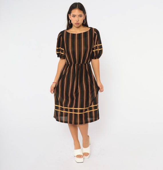 80s Striped Dress Black Brown Puff Sleeve Gold Ribbon Trim Below Knee Gathered Skirt Semi Sheer Short Sleeve Day Dress Medium M