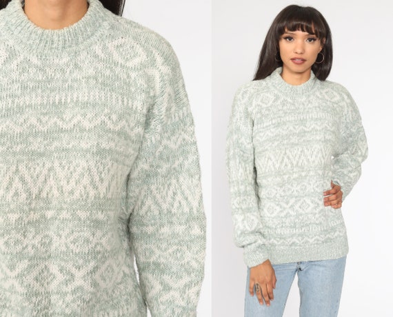 90s Geometric Sweater Green Cotton Ramie Sweater … - image 1