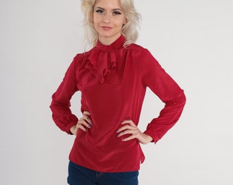 Red Ruffle Blouse 70s 80s Jabot Collar Shirt High Neck Top Retro Long sleeve Bohemian Preppy Secretary Simple Chic Vintage 1970s Small S