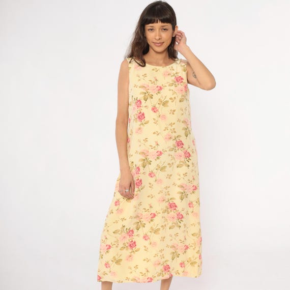 90s Silk Summer Dress Maxi Yellow Floral Rose Print Shift Column Cottagecore Fairycore Prairie Cream Pale Botanical Vintage Large L