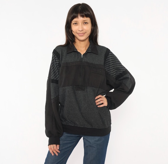 90s Patchwork Pullover Black Grey Striped Half Zip Collared Sweatshirt Colorblock Knit Streetwear Baggy Relaxed Fit Vintage Extra Large XL