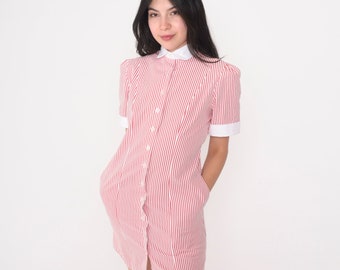 Striped Shift Dress 80s Does 60s Mod Mini Dress Puff Sleeve Peter Pan Collar Red White Pinstripe Print Button up Day Vintage 1980s XS xxs