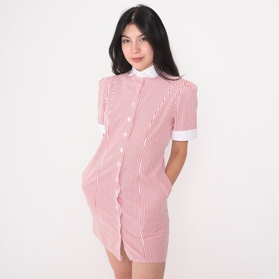 Striped Shift Dress 80s Does 60s Mod Mini Dress Puff Sleeve Peter Pan Collar Red White Pinstripe Print Button up Day Vintage 1980s XS xxs