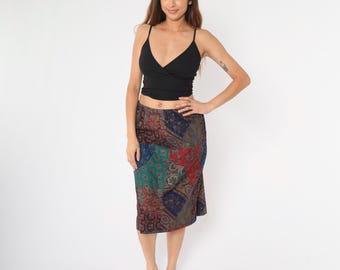 Vintage Patchwork Skirt Paisley Floral 80s 90s Skirt Boho Skirt Straight Midi Hippie Bohemian Hippie High Elastic Waist 1990s Size Medium M