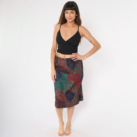 Vintage Patchwork Skirt Paisley Floral 80s 90s Skirt Boho Skirt Straight Midi Hippie Bohemian Hippie High Elastic Waist 1990s Size Medium M