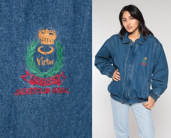 Hooded Jean Jacket 90s Denim Bomber Flannel Lined Crown Crest Zip Up Hoodie Blue Red Plaid Coat Hood Streetwear 1990s Vintage Medium Large