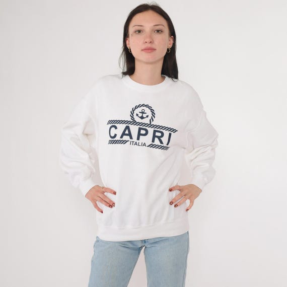 Vintage Capri Italy Sweatshirt 90s Travel Sweatshirt Nautical Anchor Baggy Jumper 1990s White Graphic Print Fruit of the loom Medium