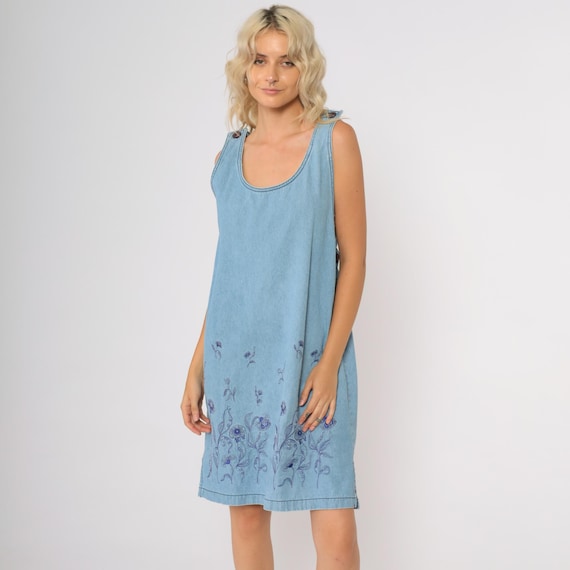 Denim Jumper Dress 90s Light Blue Sleeveless Tank Overall Jean Dress 1990s  Cotton Purple Floral Embroidered Midi Medium M 12