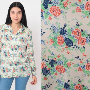 70er Blumen Bluse Boho Disco Shirt Button Up Top Kragen Boho Langarm Retro Off-White Blau Rot Grün Blumen Vintage 1970er Jahre Medium Bild 1