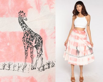 70s Wrap Skirt Tie Dye Skirt Giraffe Print Pink Hippie Boho Midi 1970s Cotton Bohemian High Waisted Vintage Animal Skirt Small Medium xs