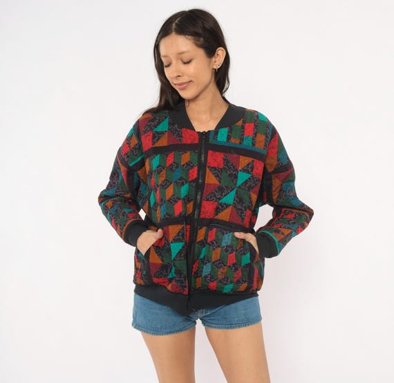 Quilted Patchwork Jacket 90s Cotton Bomber Zip Up Geometric Colorful Red Teal Green Rust Black Coat Nerdy Grandmacore Women Vintage Large L