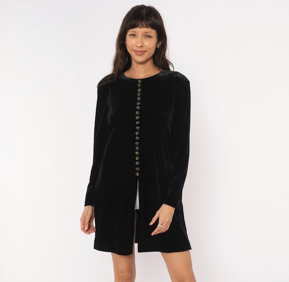 90s Velvet Dress Black Mini Long Sleeve Brass Button Front Slit Cocktail Party Evening Winter Gothic Grunge Vintage Hillard Hanson Large L