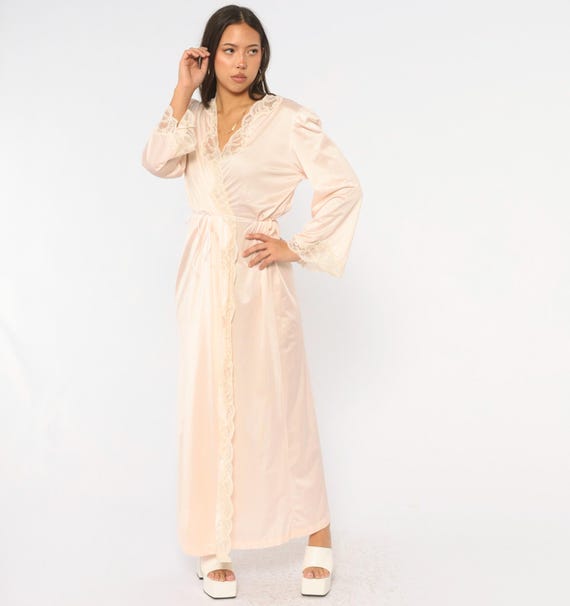 70s Blush Pink Robe Cream Lace Trim Maxi Gown Tie Waist V Neck Long Sleeve Wrap Lingerie Robe Coquette Balletcore Sleepwear Vintage Medium M
