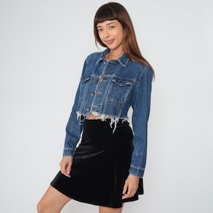 Cropped Denim Jacket 90s Frayed Rustler Jean Jack Blue Button up Rocker Biker Trucker Crop Coat Raw Hem Retro Vintage 1990s Small