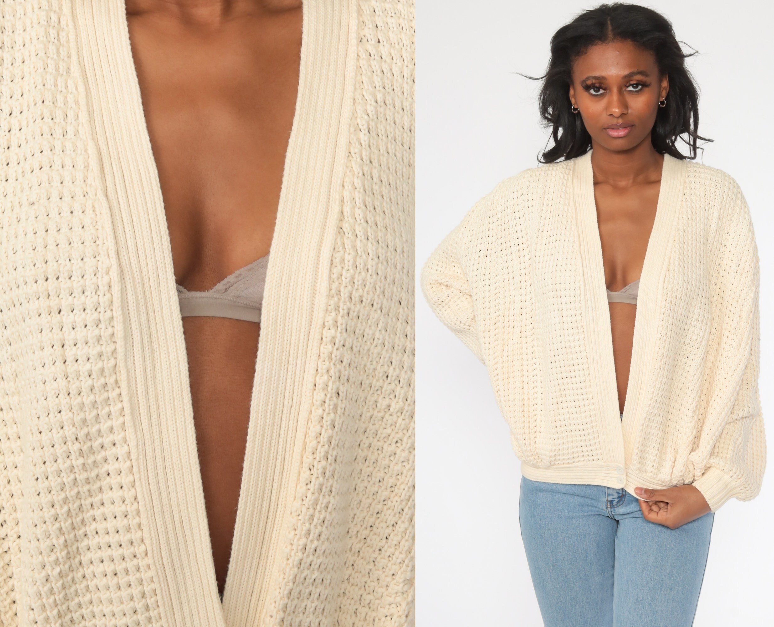 Deep V Neck Sweater 80s Cardigan Cream Knit Boho Preppy Vintage Retro 1980s  Slouchy Plunge Neckline Bohemian Large xl