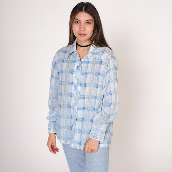 Checkered Floral Top 70s Blouse White Button Up Long Sleeve Shirt Collared Boho Hippie Blue Plaid Flower Print Retro Vintage 1970s Large L